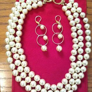 Vintage Kenneth Jay Lane Triple Strand Faux Pearl necklace and Earring Set